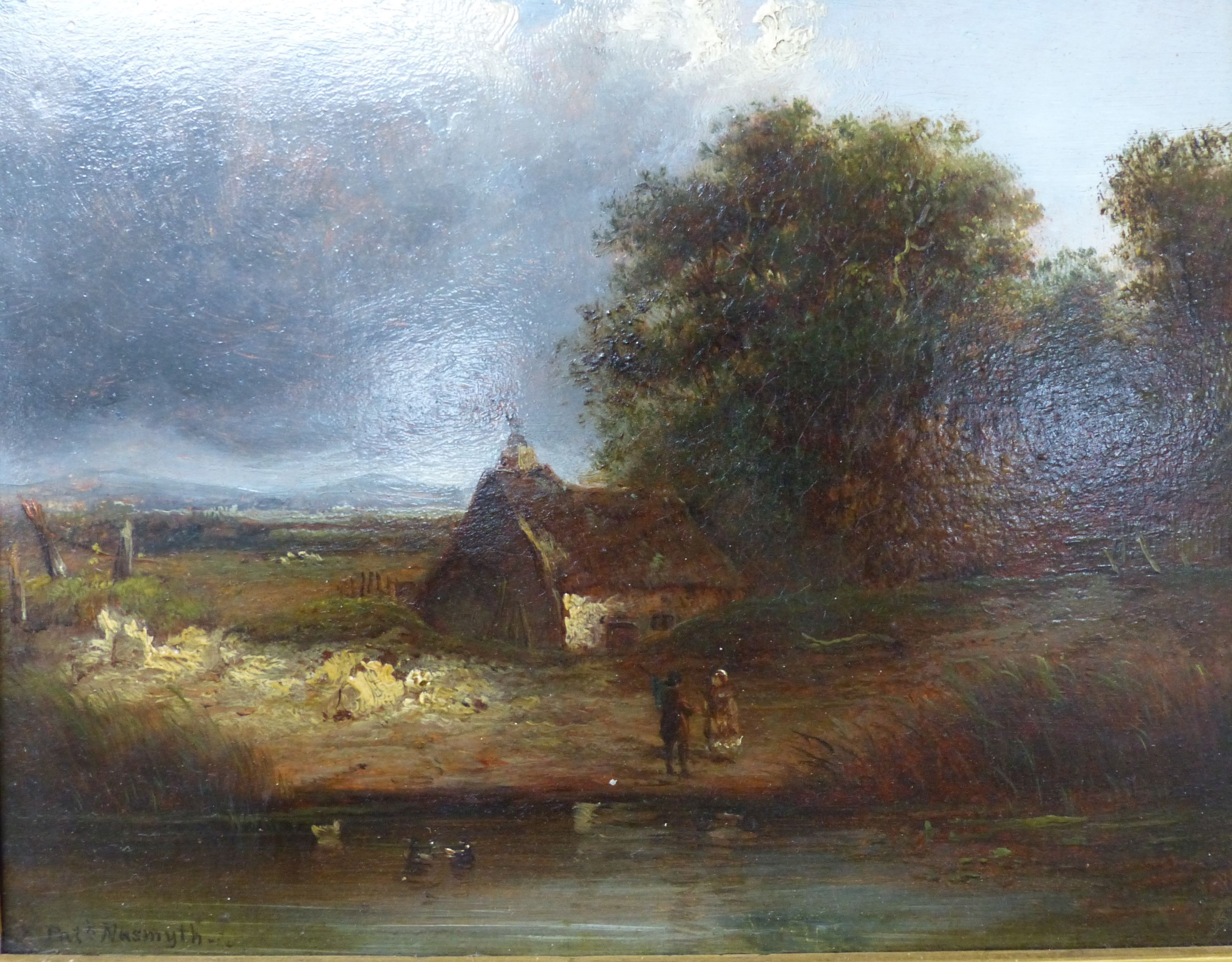 Patrick Nasmyth (1787-1831), oil on board, Figures beside a cottage in a landscape, signed, 17 x 22cm
